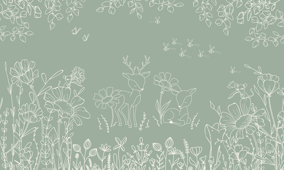 Deer Doodles – Green wallpaper mural by Oliver Robins