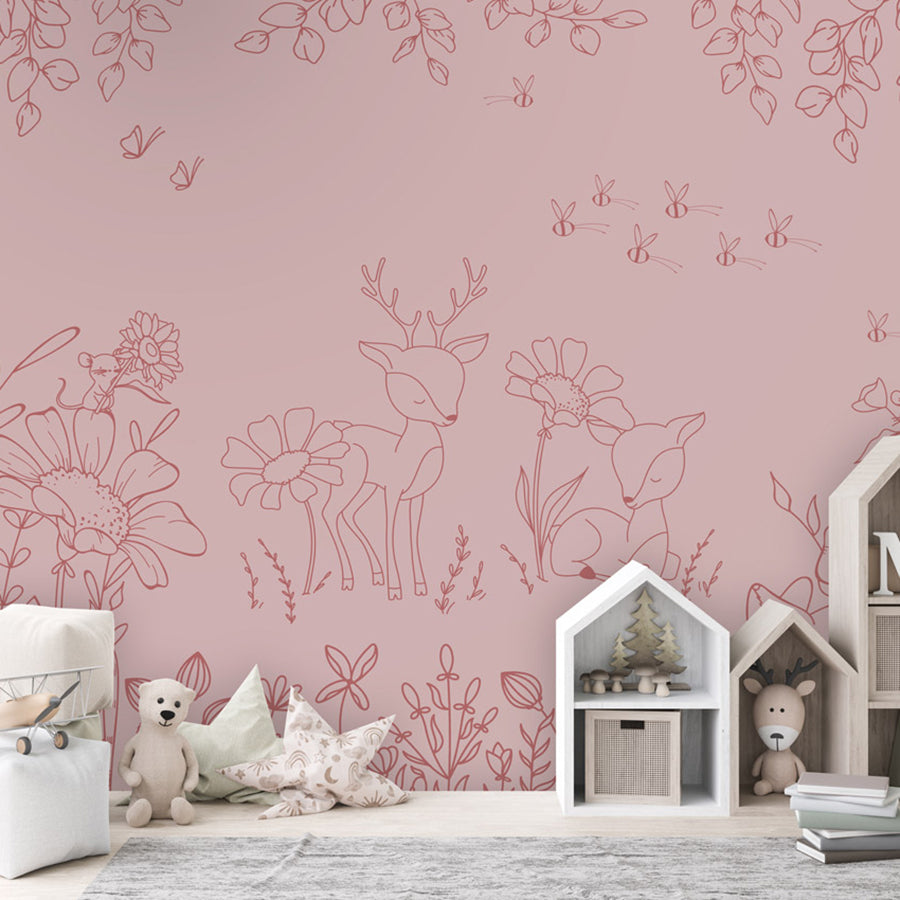 Deer Doodles – Pink Dark wallpaper mural shown in a children's bedroom house shelves