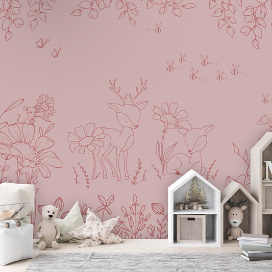 Deer Doodles – Pink Dark wallpaper mural shown in a children's bedroom house shelves