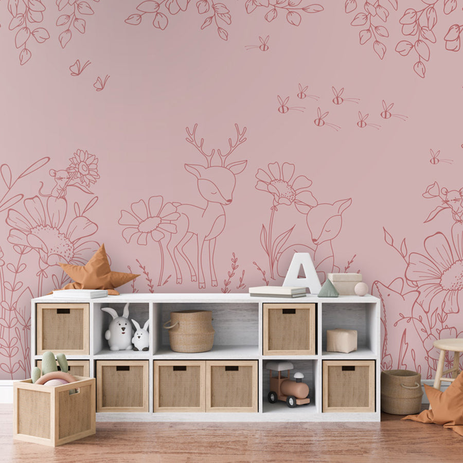 Deer Doodles – Pink Dark wallpaper mural shown in a children's bedroom storage unit