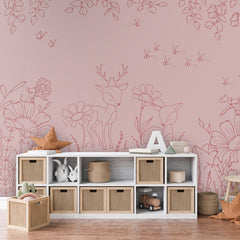 Deer Doodles – Pink Dark wallpaper mural shown in a children's bedroom storage unit