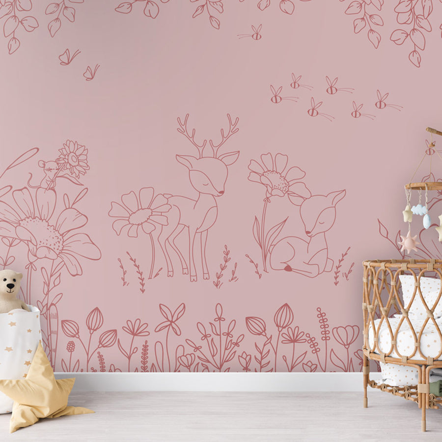 Deer Doodles – Pink Dark wallpaper mural shown in a children's nursery crib