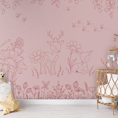 Deer Doodles – Pink Dark wallpaper mural shown in a children's nursery crib