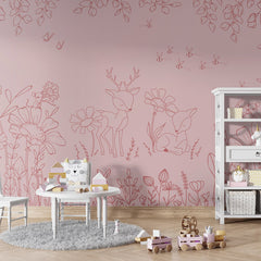 Deer Doodles – Pink Dark wallpaper mural shown in a children's playroom table