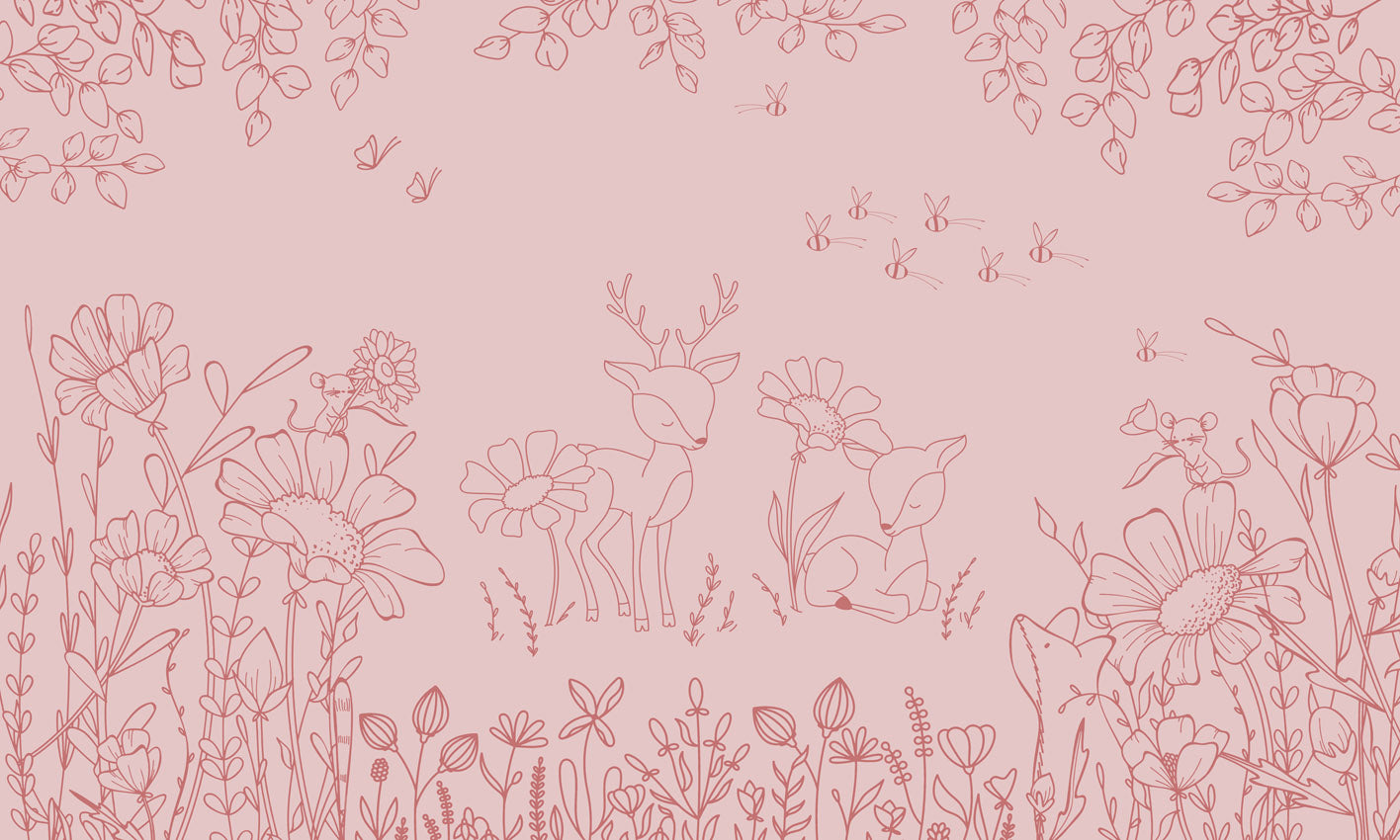 Deer Doodles – Pink Dark wallpaper mural by Oliver Robins