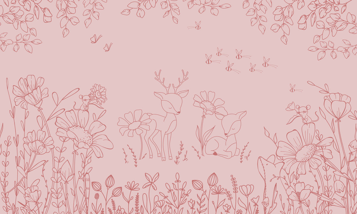 Deer Doodles – Pink Dark wallpaper mural by Oliver Robins