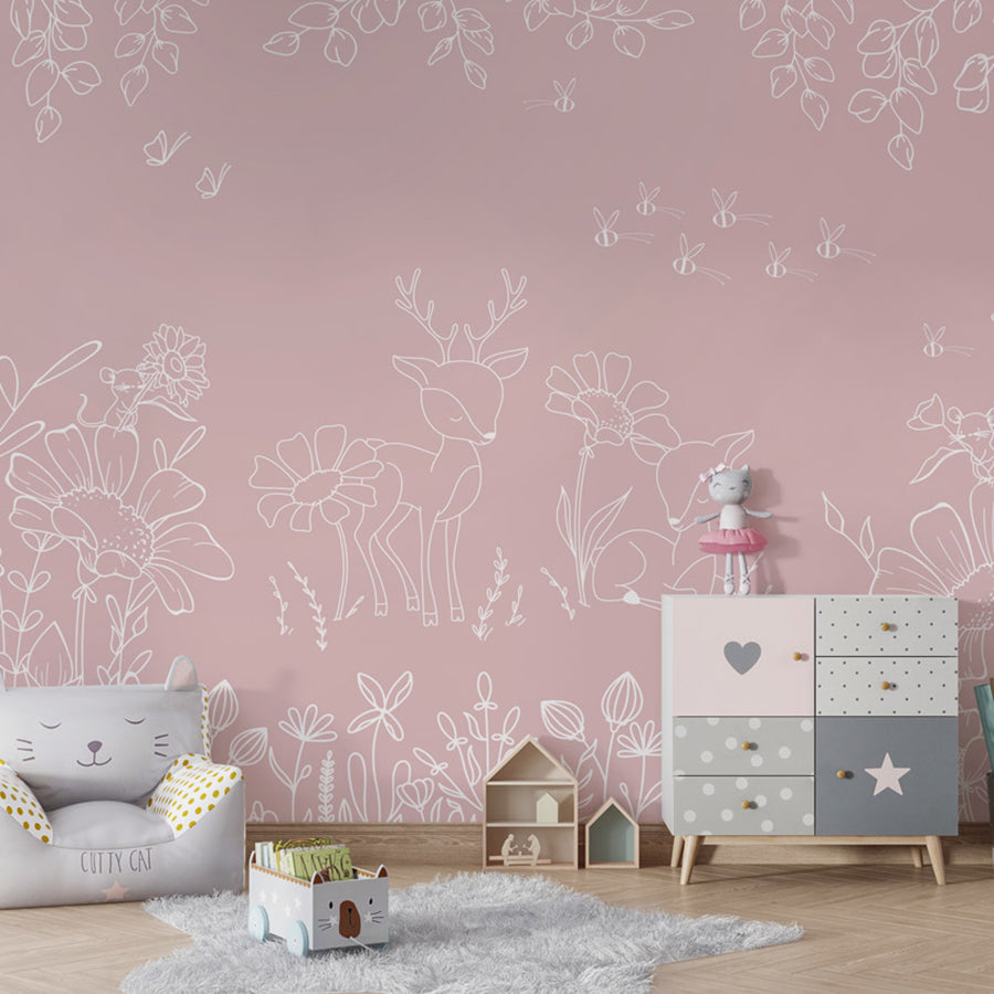 Deer Doodles – Pink wallpaper mural shown in a children's bedroom armchair