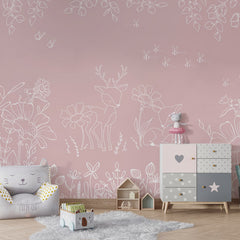 Deer Doodles – Pink wallpaper mural shown in a children's bedroom armchair