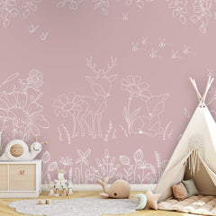 Deer Doodles – Pink wallpaper mural shown in a children's bedroom teepee
