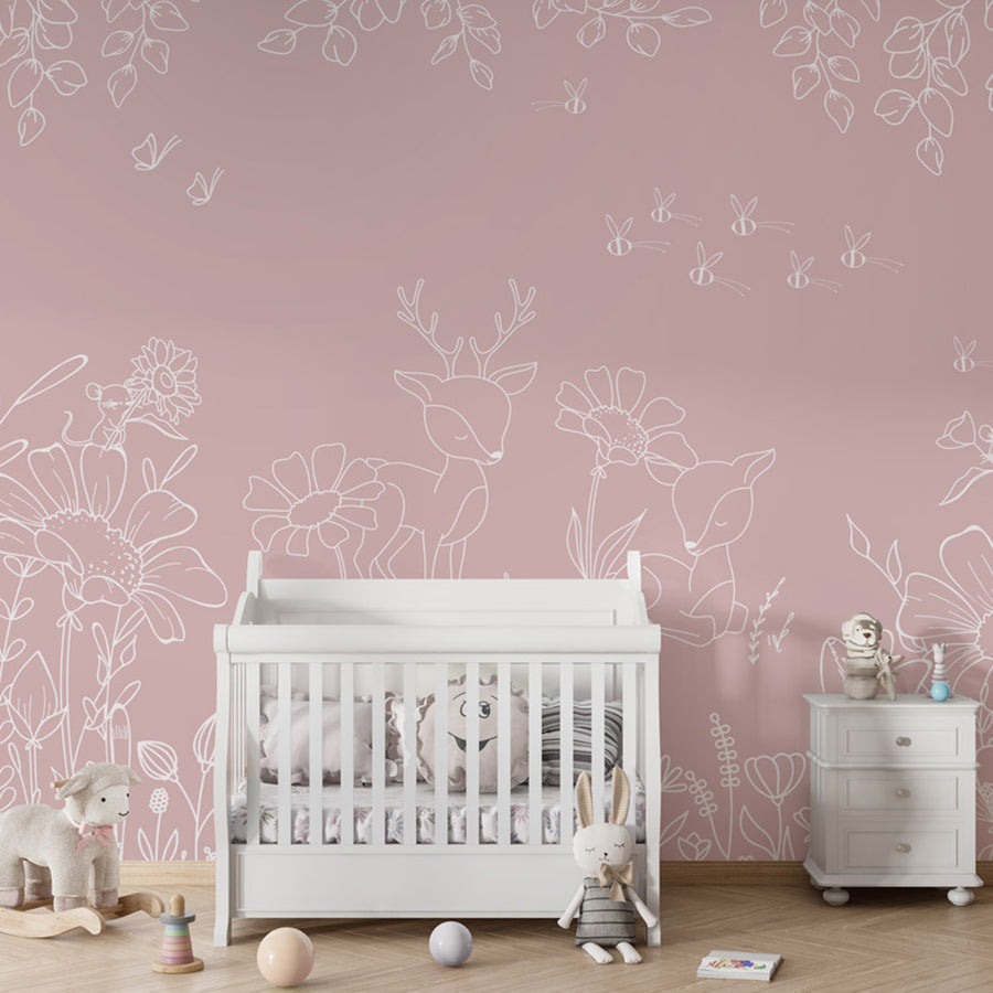 Deer Doodles – Pink wallpaper mural shown in a children's nursery crib