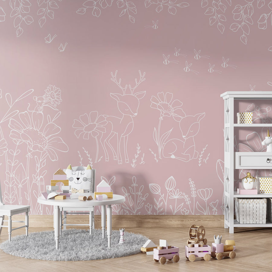 Deer Doodles – Pink wallpaper mural shown in a children's playroom table