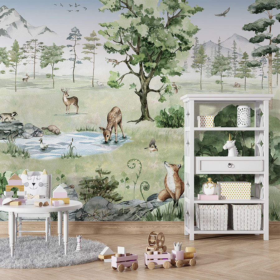 Deer Forest – Summer wallpaper mural in a children’s playroom table