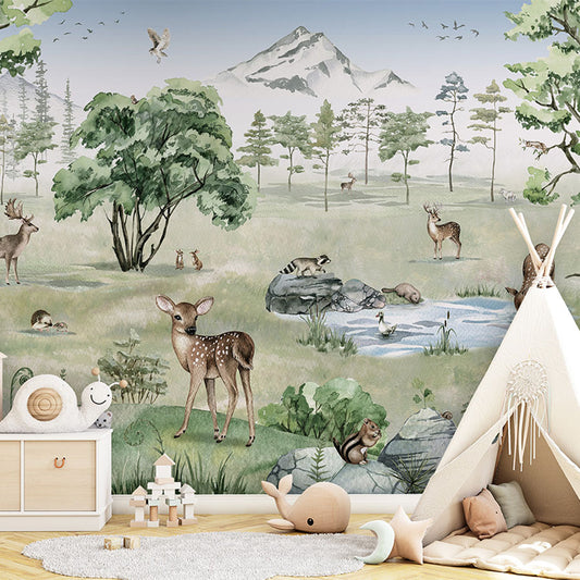 Deer Forest – Summer wallpaper mural in a children’s playroom tipi