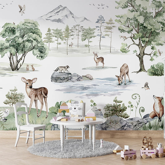 Deer Forest – Winter wallpaper mural in a children’s playroom table
