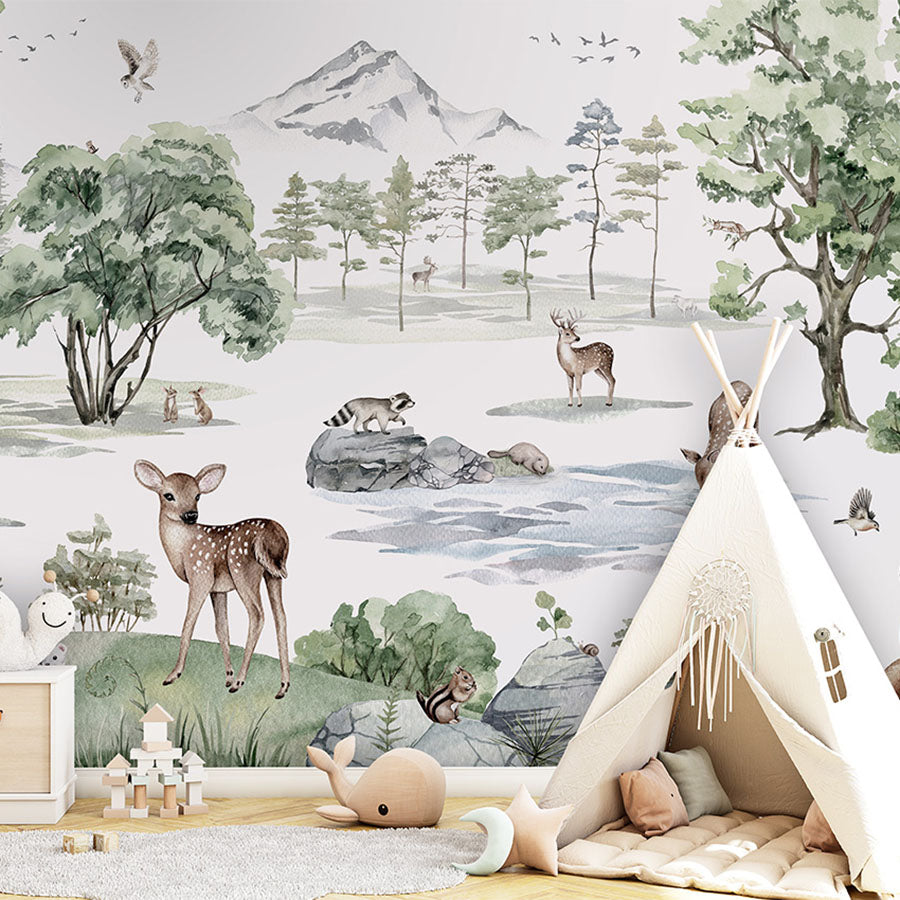 Deer Forest – Winter wallpaper mural in a children’s playroom tipi