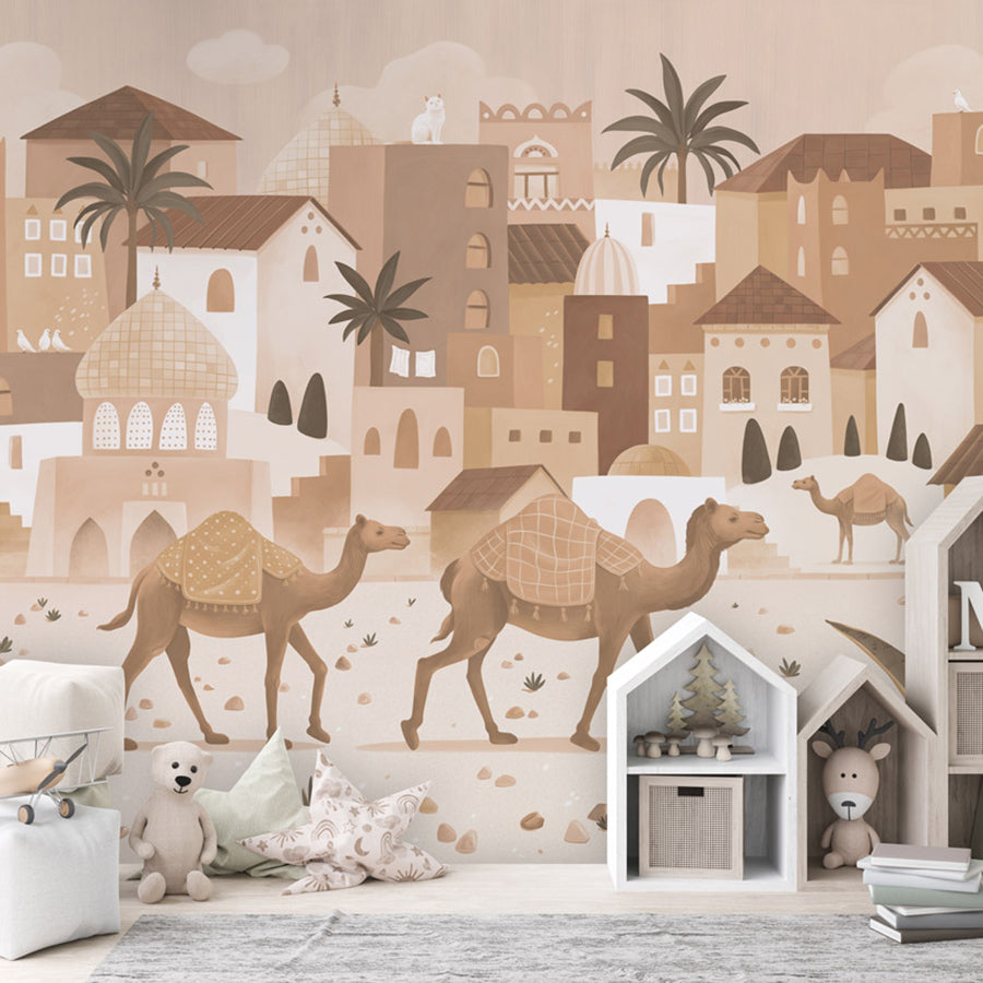 Desert Dreams – Mono wallpaper mural shown in a children's bedroom house shelves