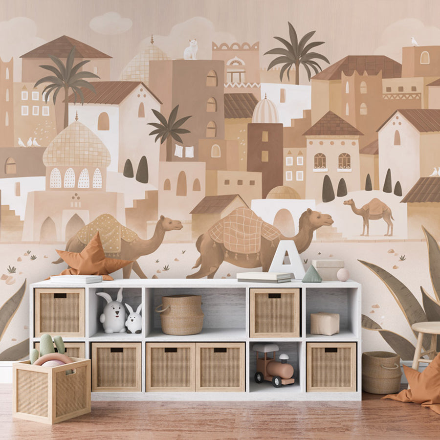 Desert Dreams – Mono wallpaper mural shown in a children's bedroom storage unit