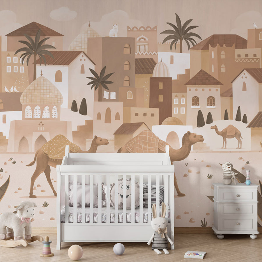 Desert Dreams – Mono wallpaper mural shown in a children's nursery crib