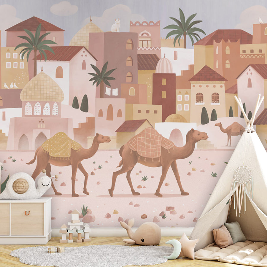 Desert Dreams wallpaper mural shown in a children's bedroom teepee