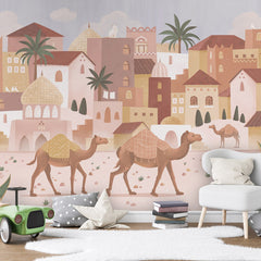 Desert Dreams wallpaper mural shown in a children's bedroom toy car