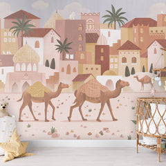 Desert Dreams wallpaper mural shown in a children's nursery crib