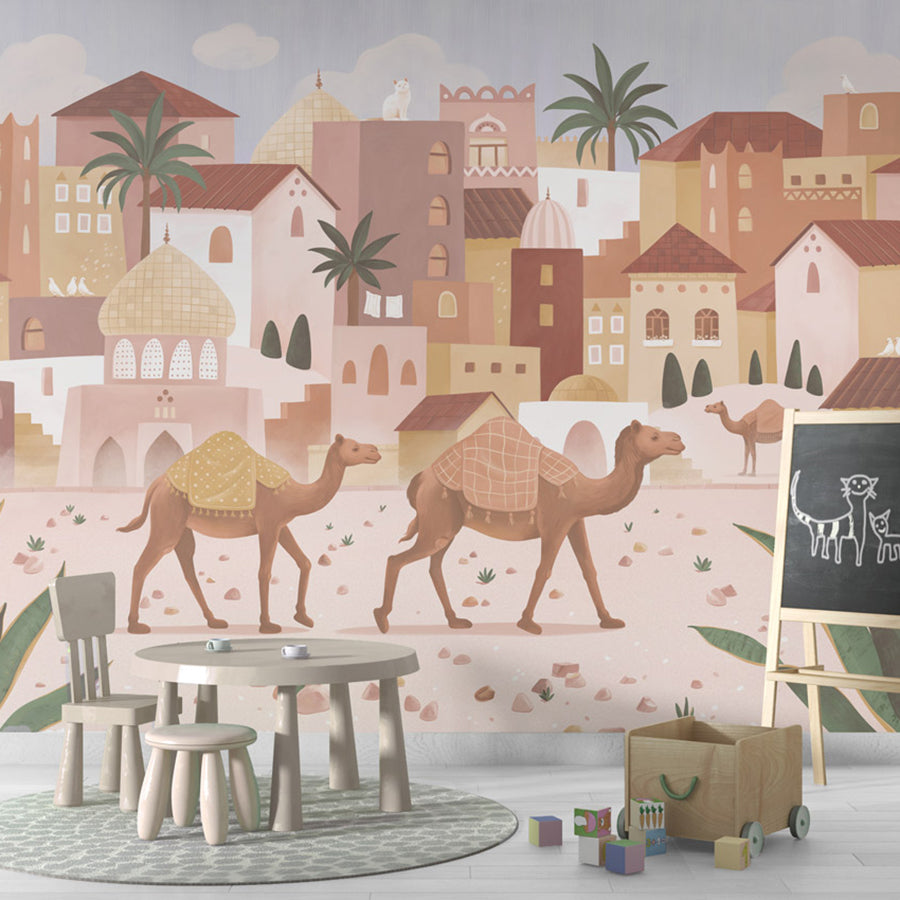 Desert Dreams wallpaper mural shown in a children's playroom chalkboard