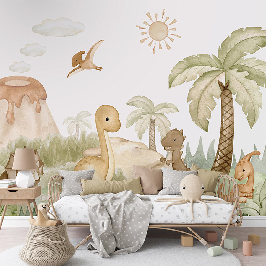 Dino Baby wallpaper mural shown in a children's bedroom sofa