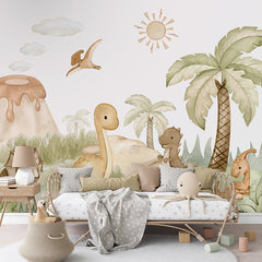 Dino Baby wallpaper mural shown in a children's bedroom sofa