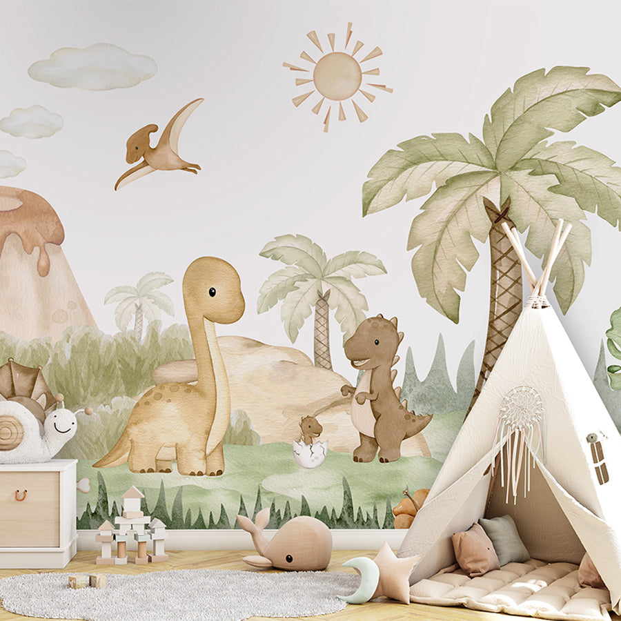 Dino Baby wallpaper mural shown in a children's bedroom teepee
