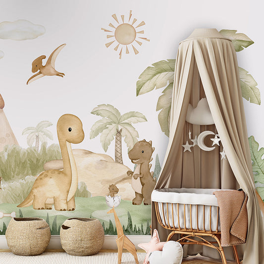 Dino Baby wallpaper mural shown in a children's nursery canopy crib