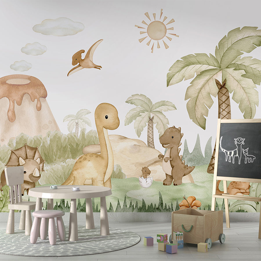 Dino Baby wallpaper mural shown in a children's playroom chalkboard