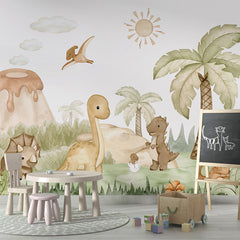 Dino Baby wallpaper mural shown in a children's playroom chalkboard