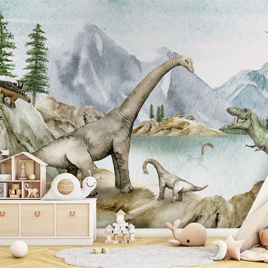 Dino Dreams wallpaper mural in a children’s playroom tipi
