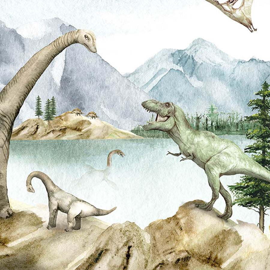 Close-up of the Dino Dreams wallpaper mural featuring dinosaurs beside a mountain lake