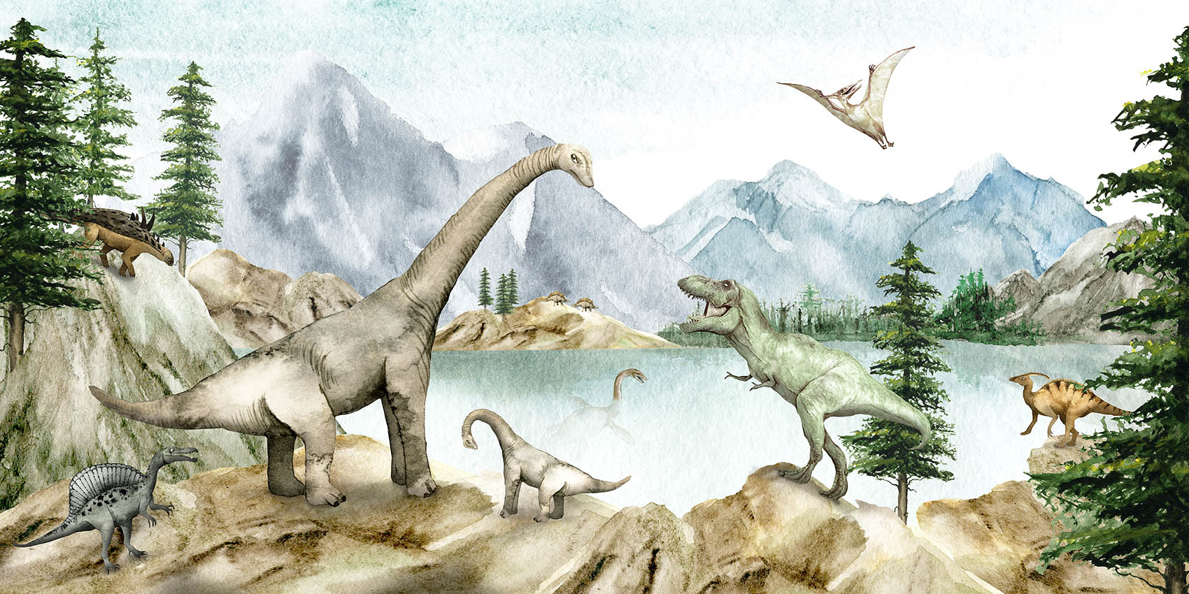 Dino Dreams wallpaper mural by Kikki Belle featuring dinosaurs beside a mountain lake