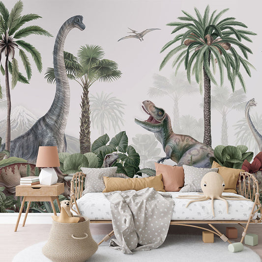 Dino Jive wallpaper mural in a children’s bedroom rattan daybed
