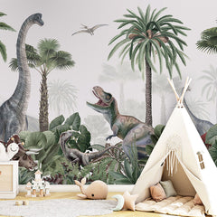 Dino Jive wallpaper mural in a children’s playroom tipi