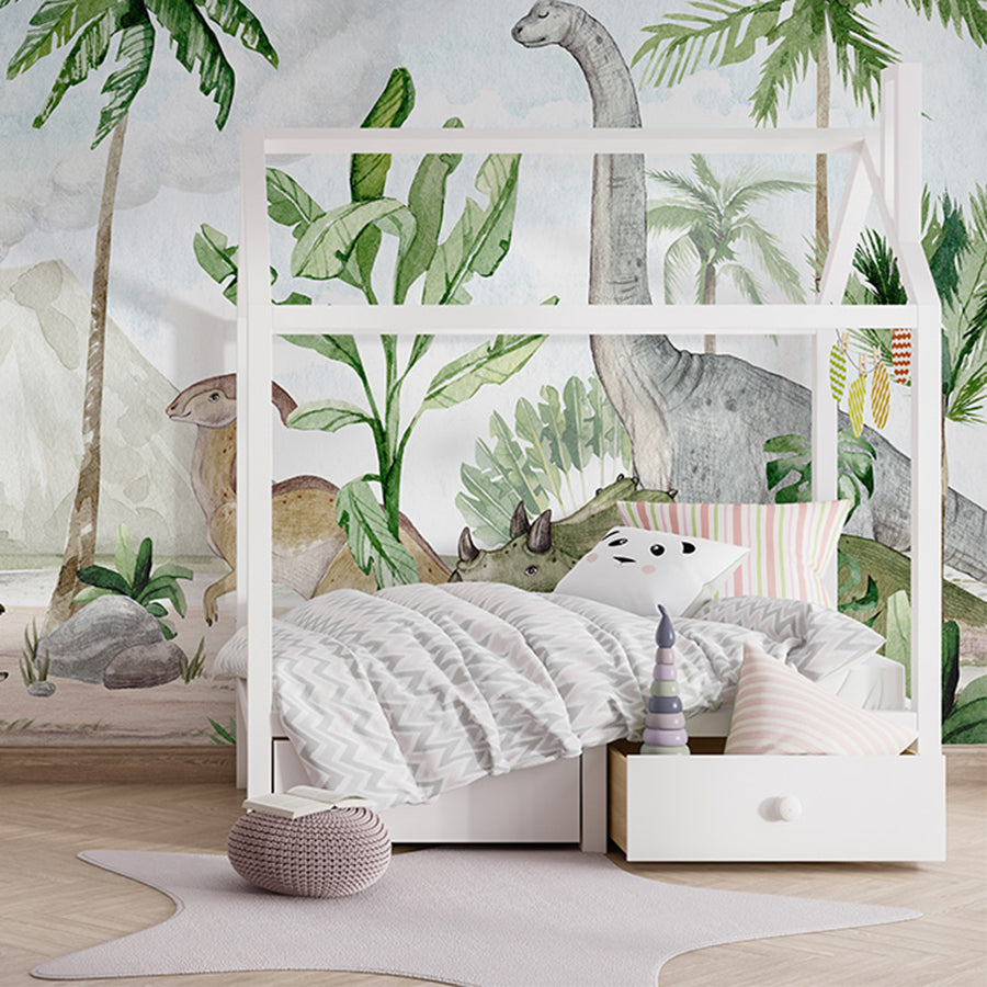 Dino Joy wallpaper mural shown in a children's bedroom house bed