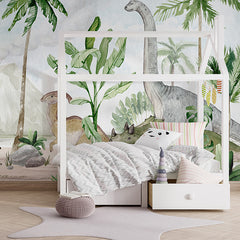 Dino Joy wallpaper mural shown in a children's bedroom house bed