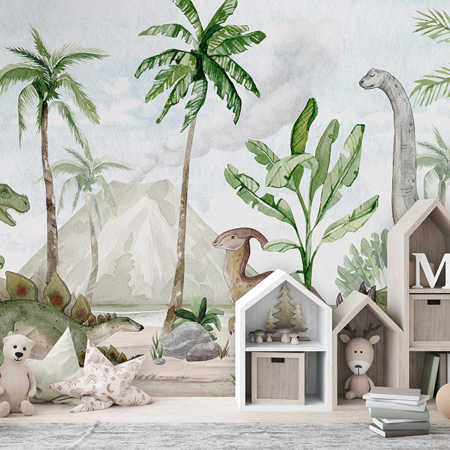 Dino Joy wallpaper mural shown in a children's bedroom house shelves