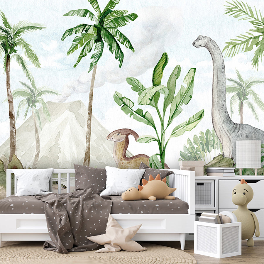 Dino Joy wallpaper mural shown in a children's bedroom sofa