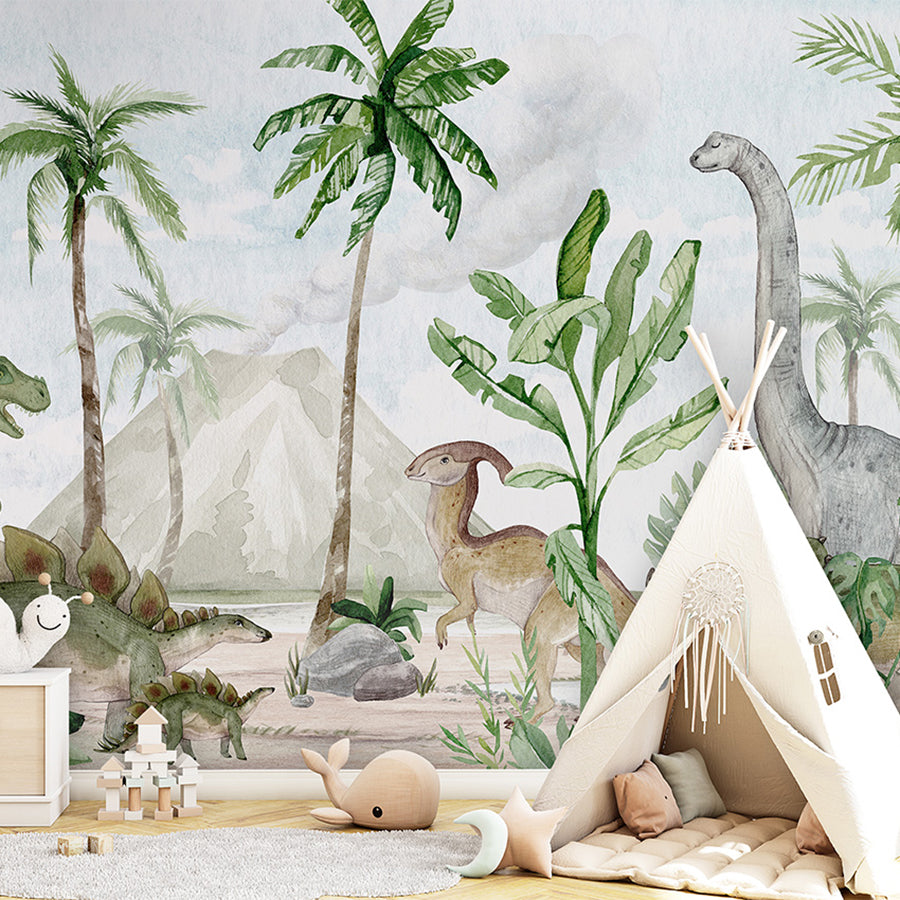 Dino Joy wallpaper mural shown in a children's bedroom teepee