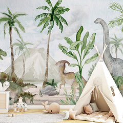Dino Joy wallpaper mural shown in a children's bedroom teepee