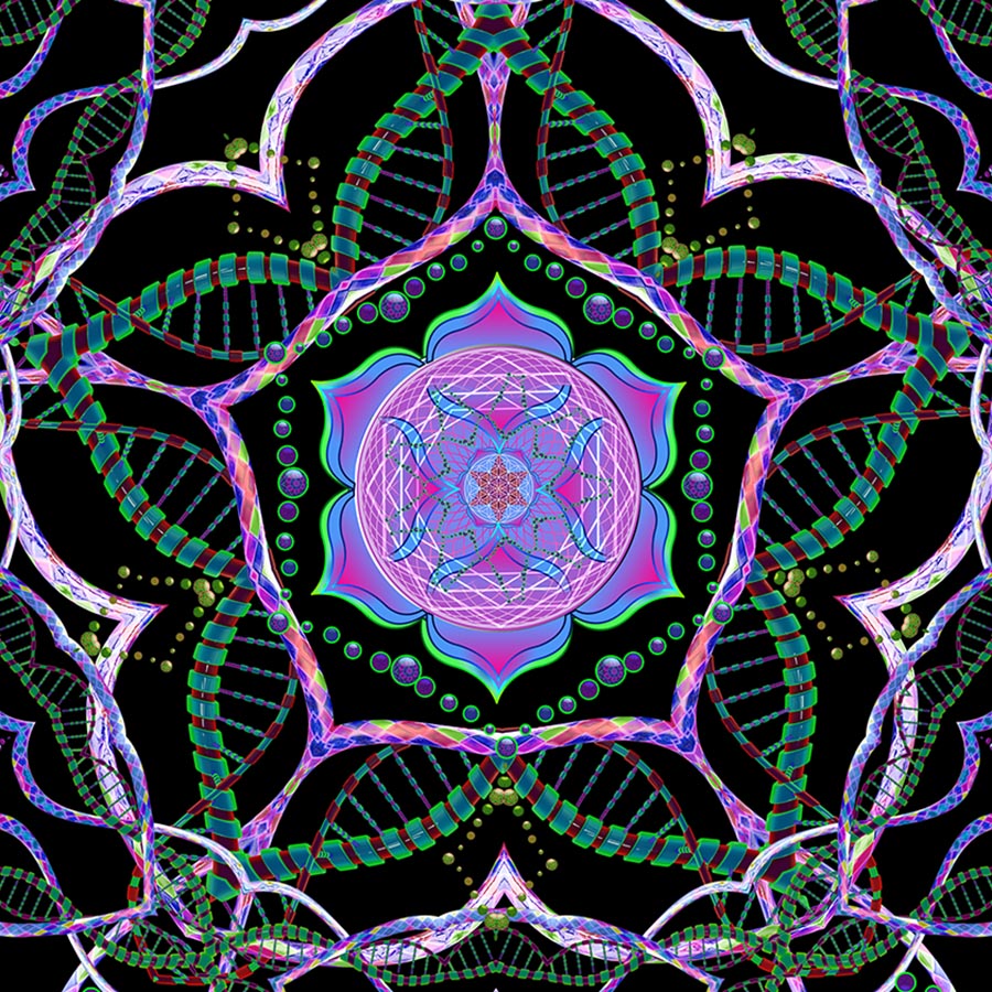 Close-up of the DNA Yantra neon DNA helix wallpaper mural