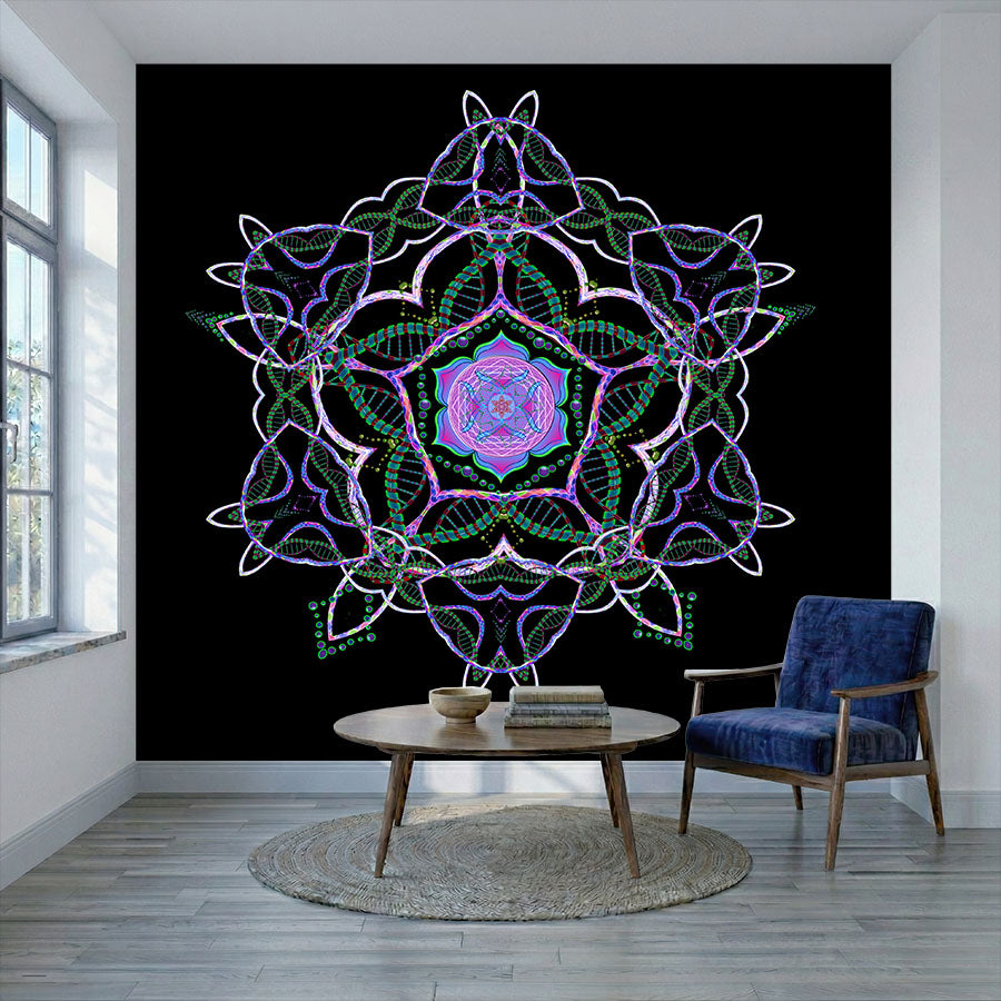 DNA Yantra psychedelic wallpaper mural in a contemporary living room