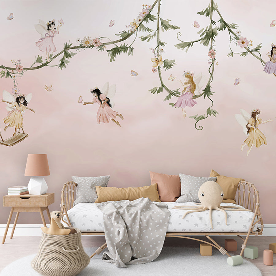 Dream Flight wallpaper mural shown in a children's bedroom sofa