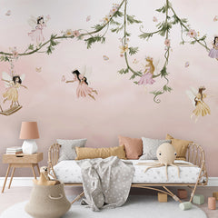 Dream Flight wallpaper mural shown in a children's bedroom sofa