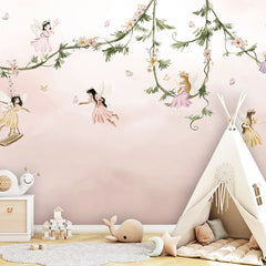 Dream Flight wallpaper mural shown in a children's bedroom teepee