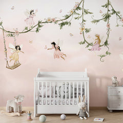 Dream Flight wallpaper mural shown in a children's nursery crib