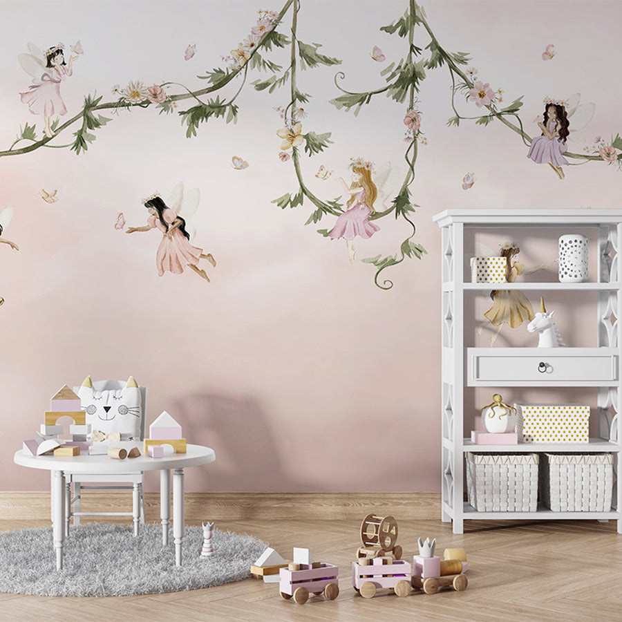 Dream Flight wallpaper mural shown in a children's playroom table